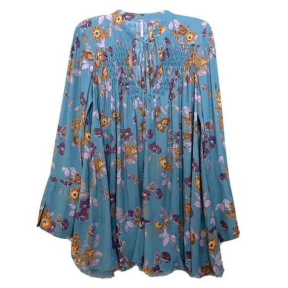 Free People So Fine Pebble Crepe Smocked Floral Tunic Top - Picture 4 of 10